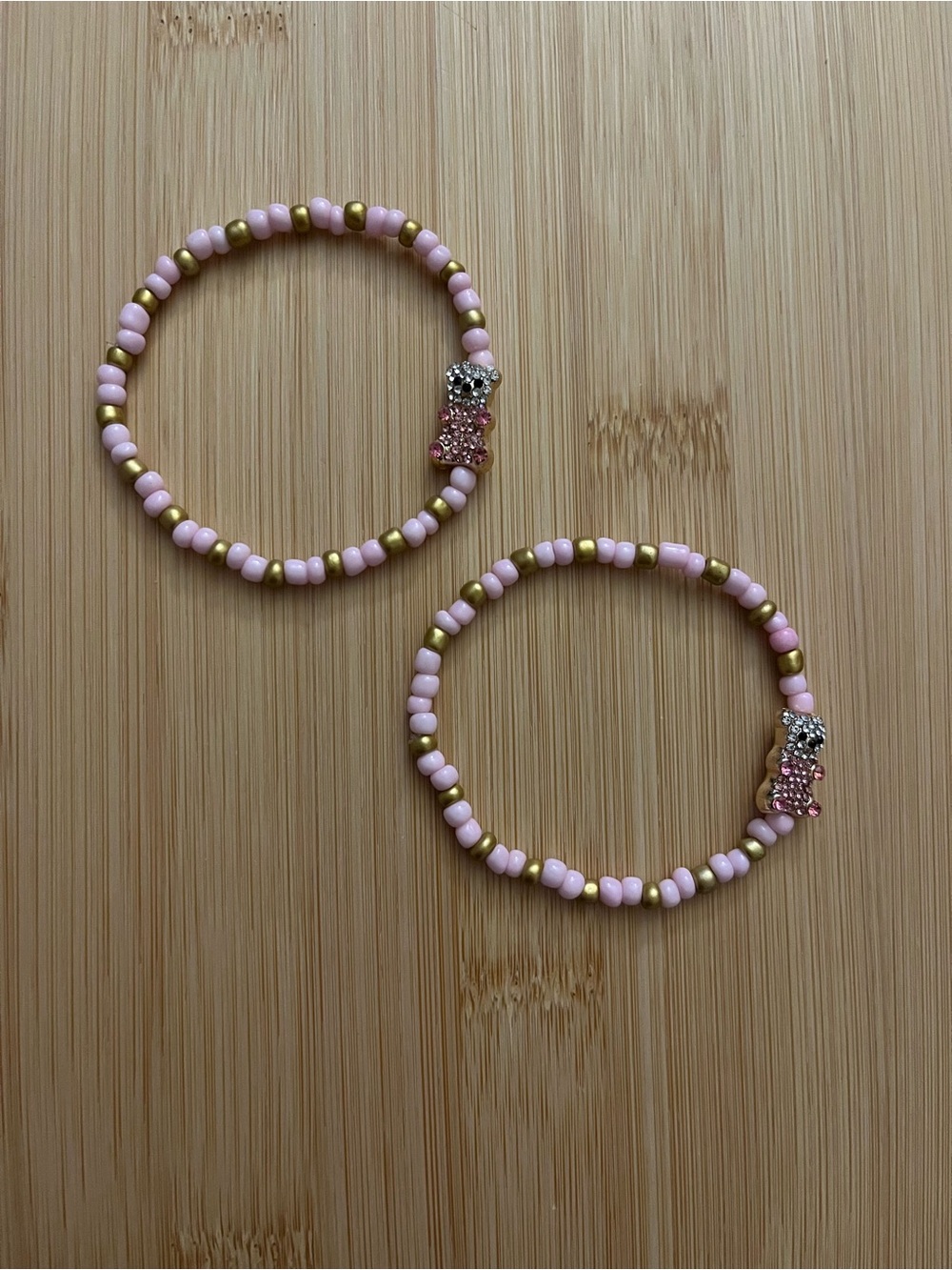 Pink and Gold Beaded Stretch Bracelet with Bear Charm